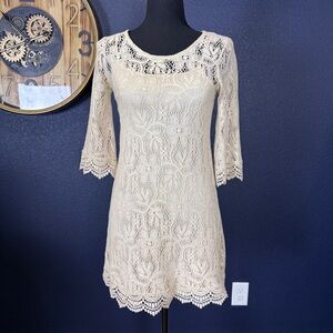 Divided by H&M Cream Lace Boho 3/4 Sleeve Mini Dress | Size 2